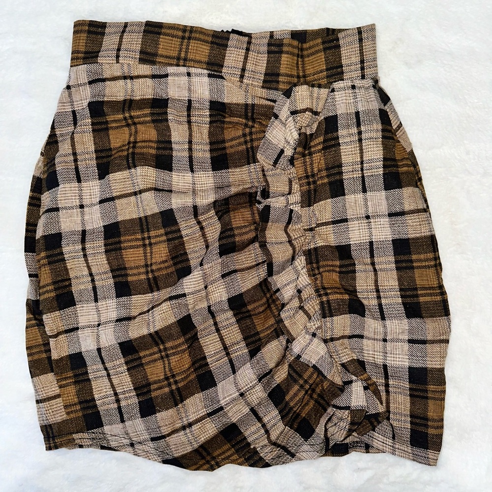 NWOT Linen Blend Brown Plaid Skirt - Picture 2 of 6